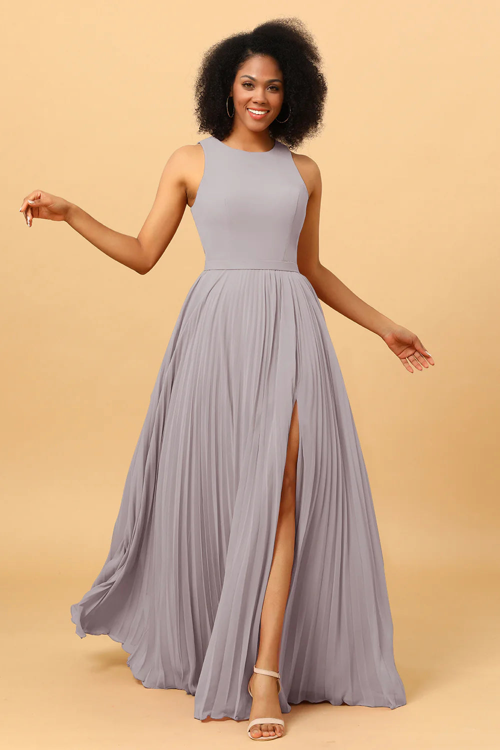 A Line Pleated Long Chiffon Bridesmaid Dress with Ruffles