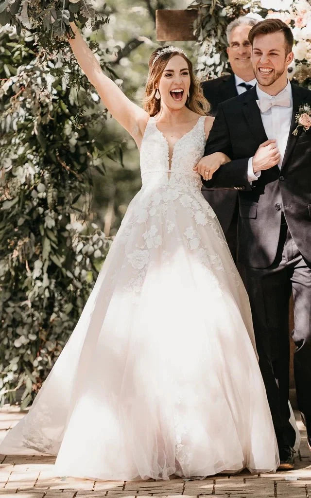 Adorable A Line Lace Wedding Dress With Appliques And Illusion Deep V Back