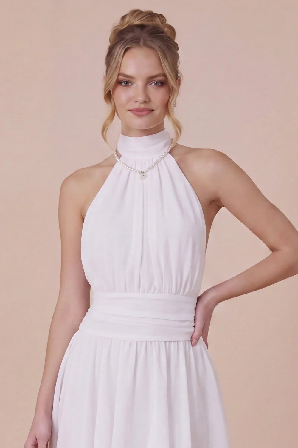 Ruffled Halter White Graduation Dress with Lace up Back