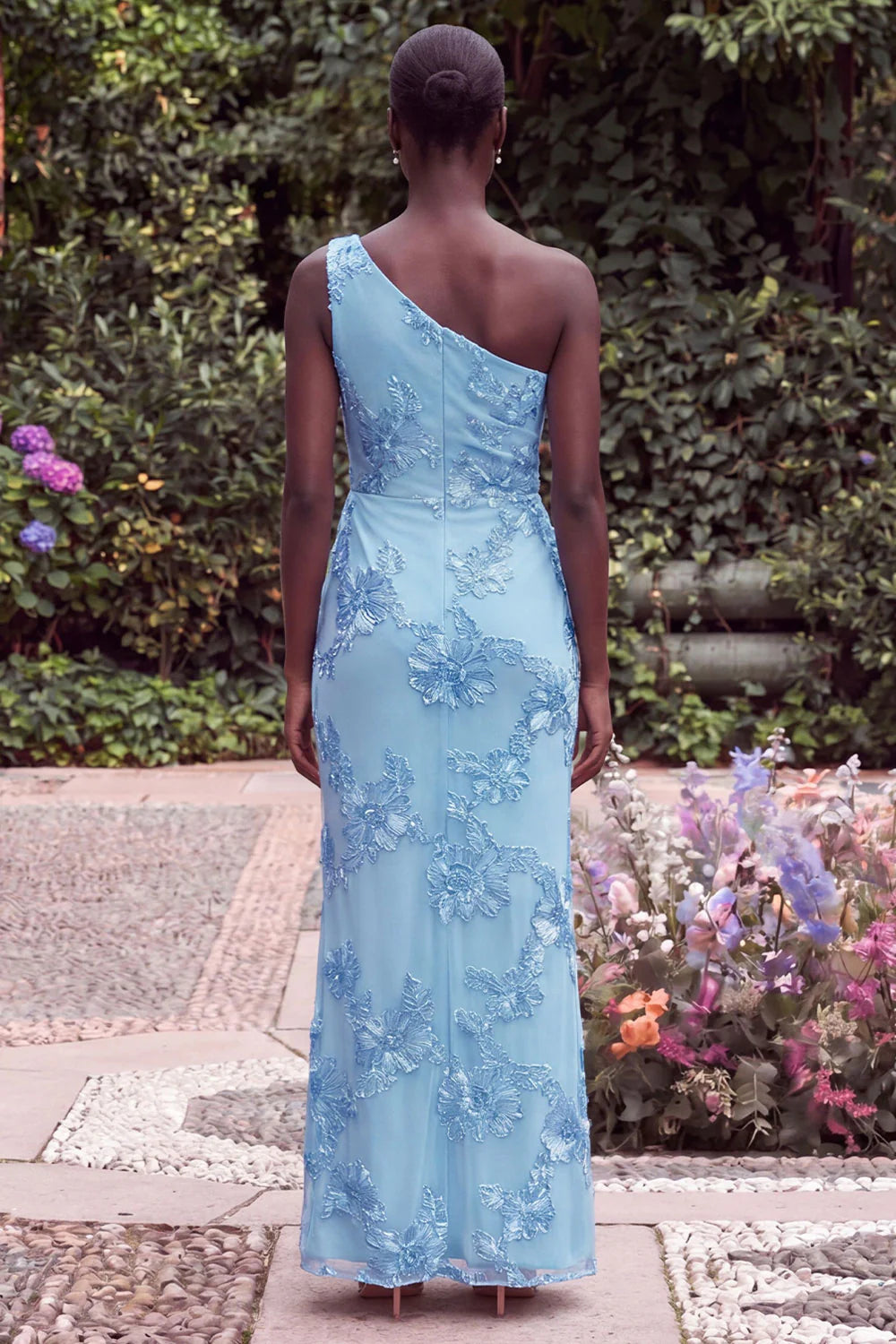 Sage Floral Embroidery One Shoulder Mermaid Wedding Guest Dress