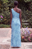 Sage Floral Embroidery One Shoulder Mermaid Wedding Guest Dress