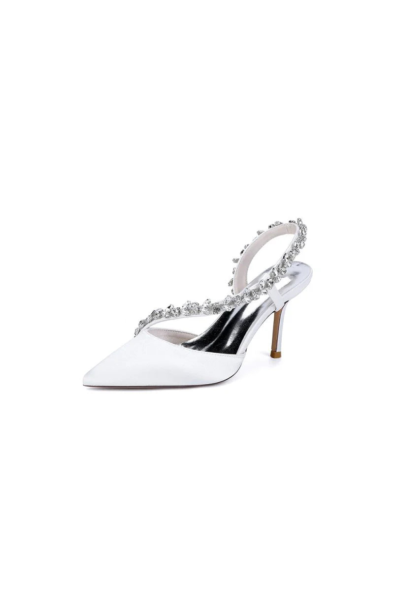 White Satin High Heels with Crystal Embellishments