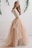 Tulle Satin Tiers Zipper V Neck Long Sleeves Wedding Dress