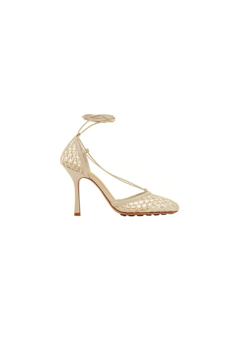 Yellow Stiletto Heel Lace Up Fishnet High Heel Sandals