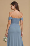 Ruched Off The Shoulder Twilight A Line Bridesmaid Dress with Slit