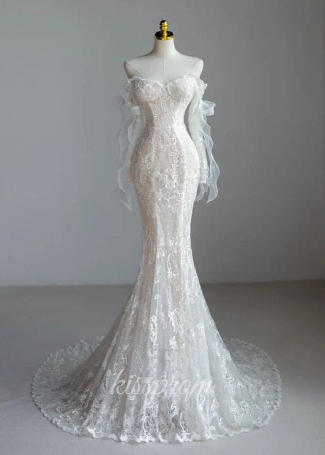 Lace Mermaid Covered Button Long Sleeve Train Wedding Dress