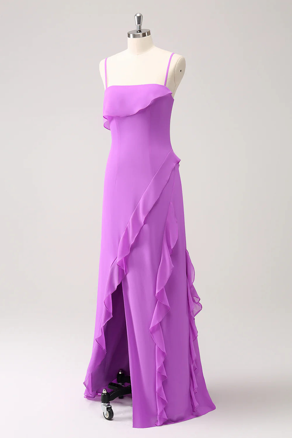 Tahiti Sheath Spaghetti Straps Ruffle Long Bridesmaid Dress with Slit