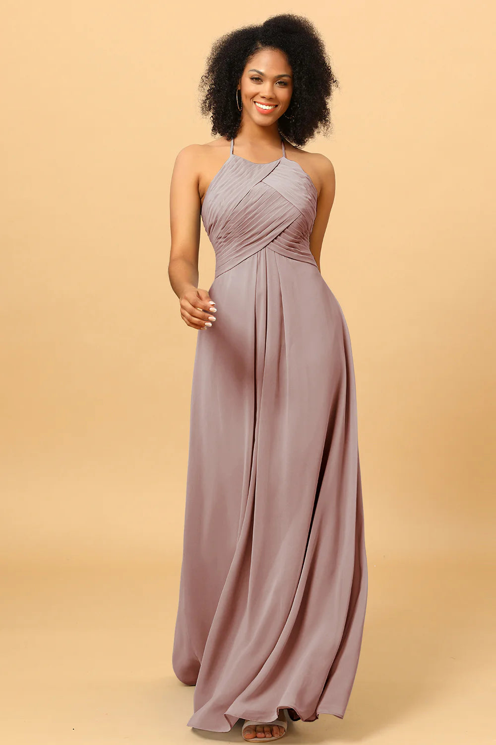 Sheath Halter Open Back Long Chiffon Bridesmaid Dress