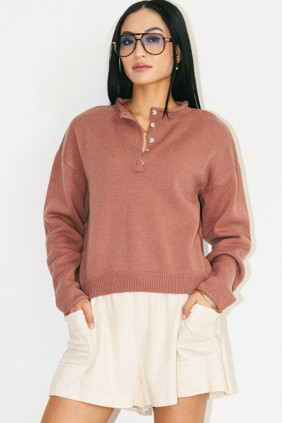 Meli Button Front Knit Sweater in Mauve FINAL SALE