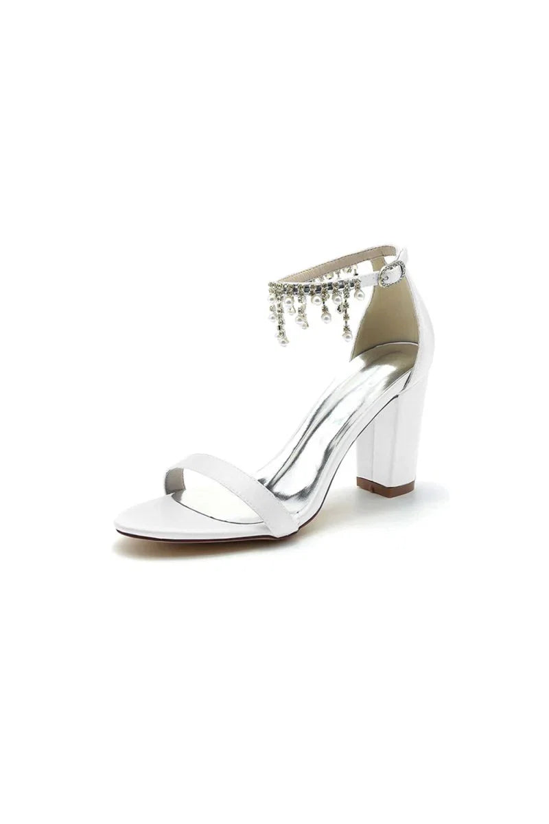 Open Toe Block Heels with Rhinestone Tassel