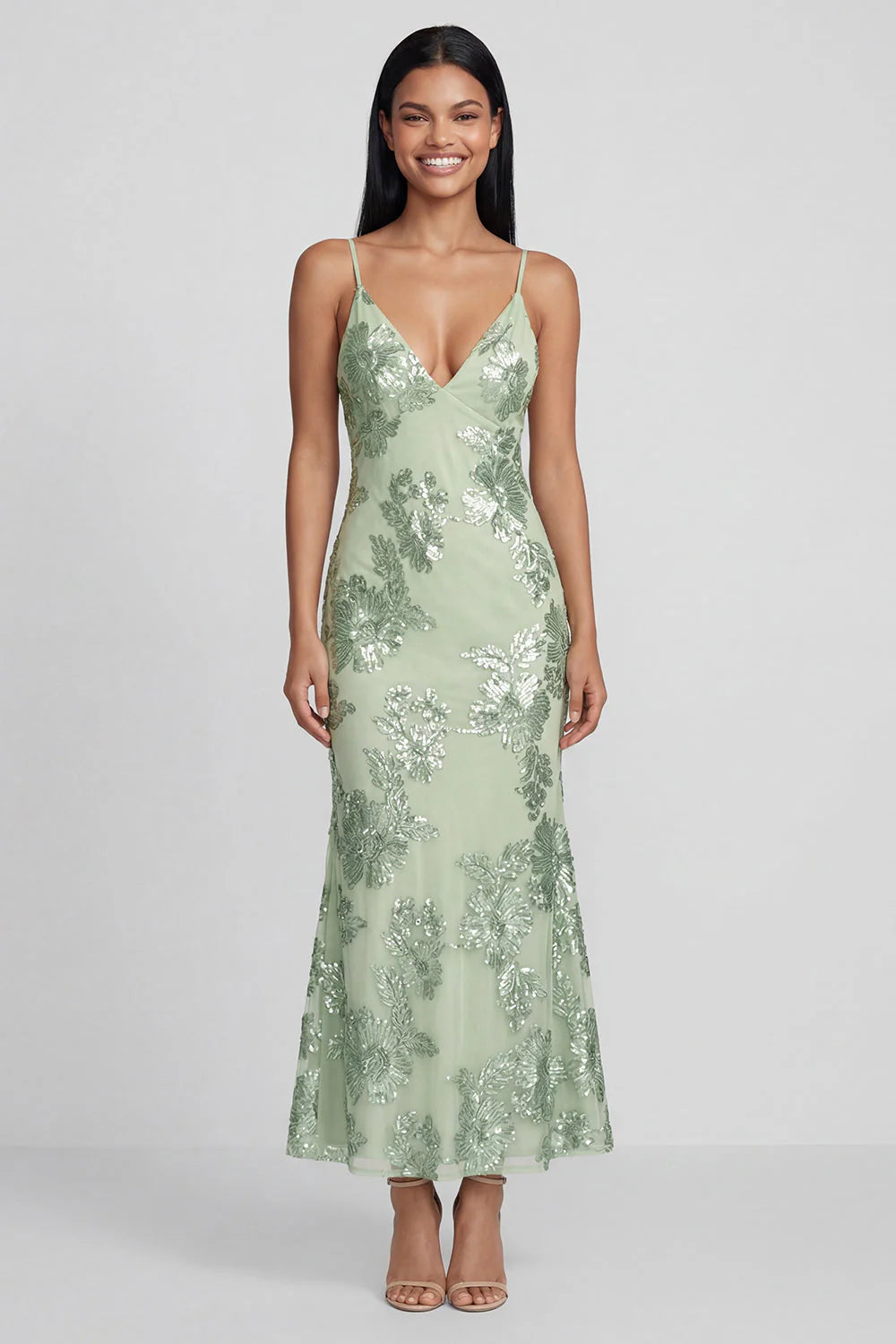 Sage Green Mermaid Floral Wedding Guest Dress with Lace up Back