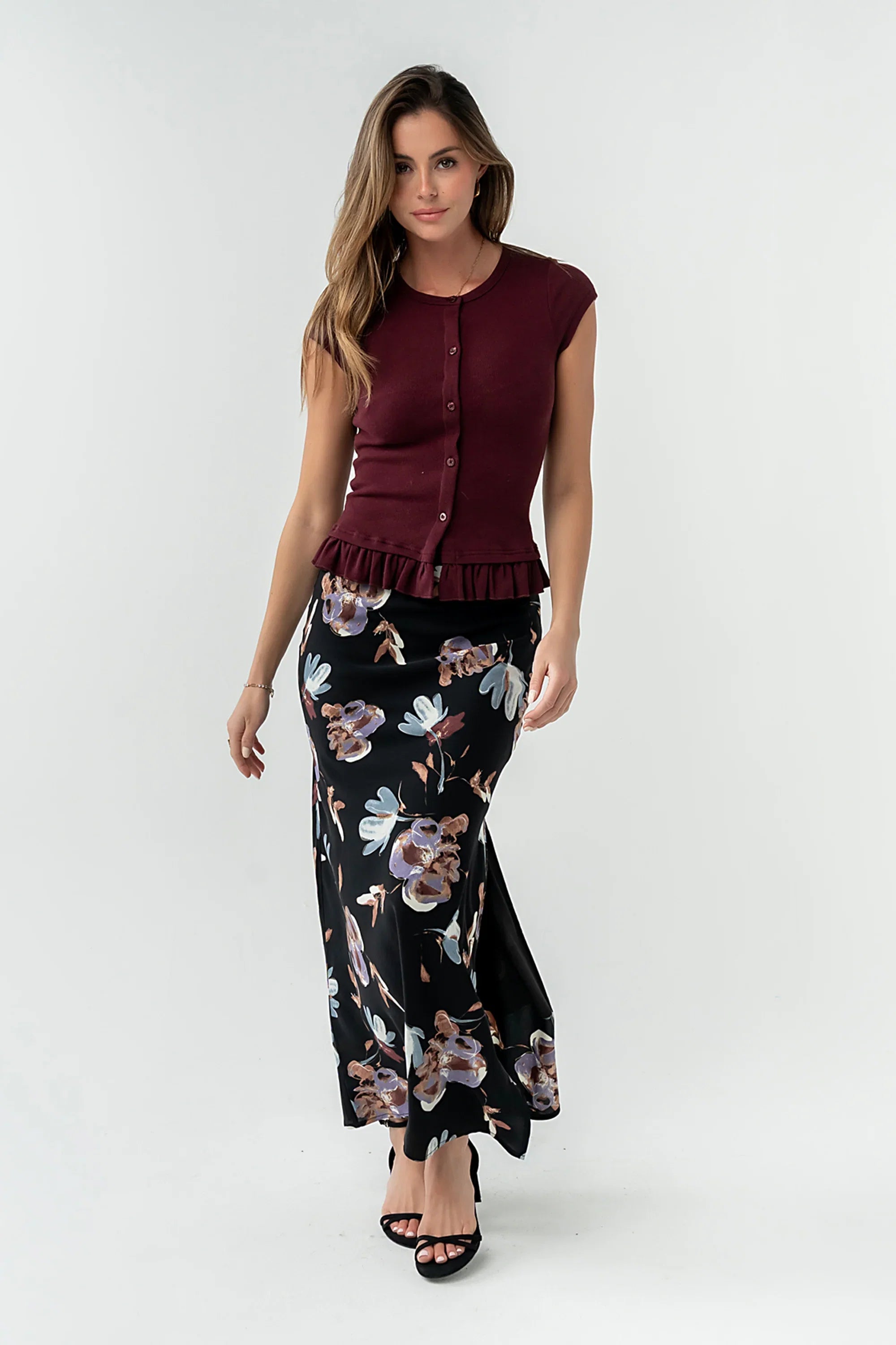 Eden Floral Midi Skirt in Black
