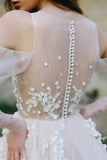 Illusion Off the Shoulder Tulle Sweep Train Flower Appliqued Wedding Dresses