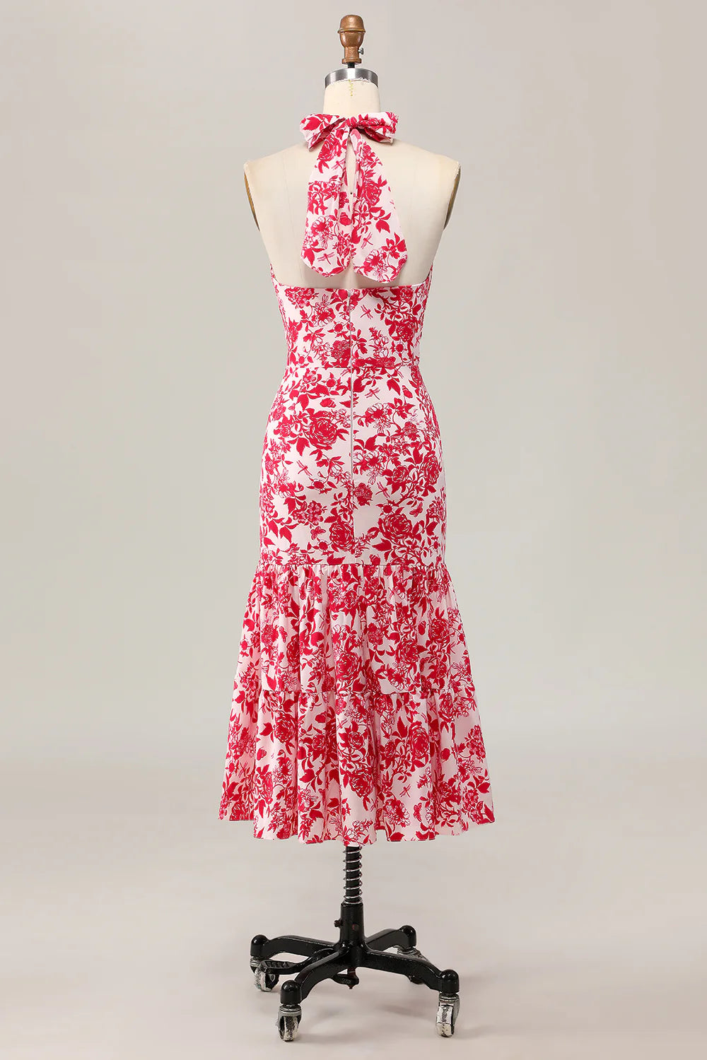 Red Flower Mermaid Halter Printed Midi Wedding Guest Dress