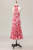 Red Flower Mermaid Halter Printed Midi Wedding Guest Dress