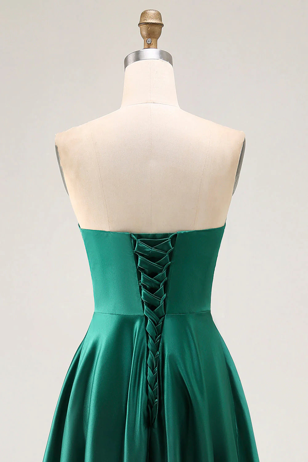 Dark Green A Line Strapless Satin Long Bridesmaid Dress with Lace Up Back