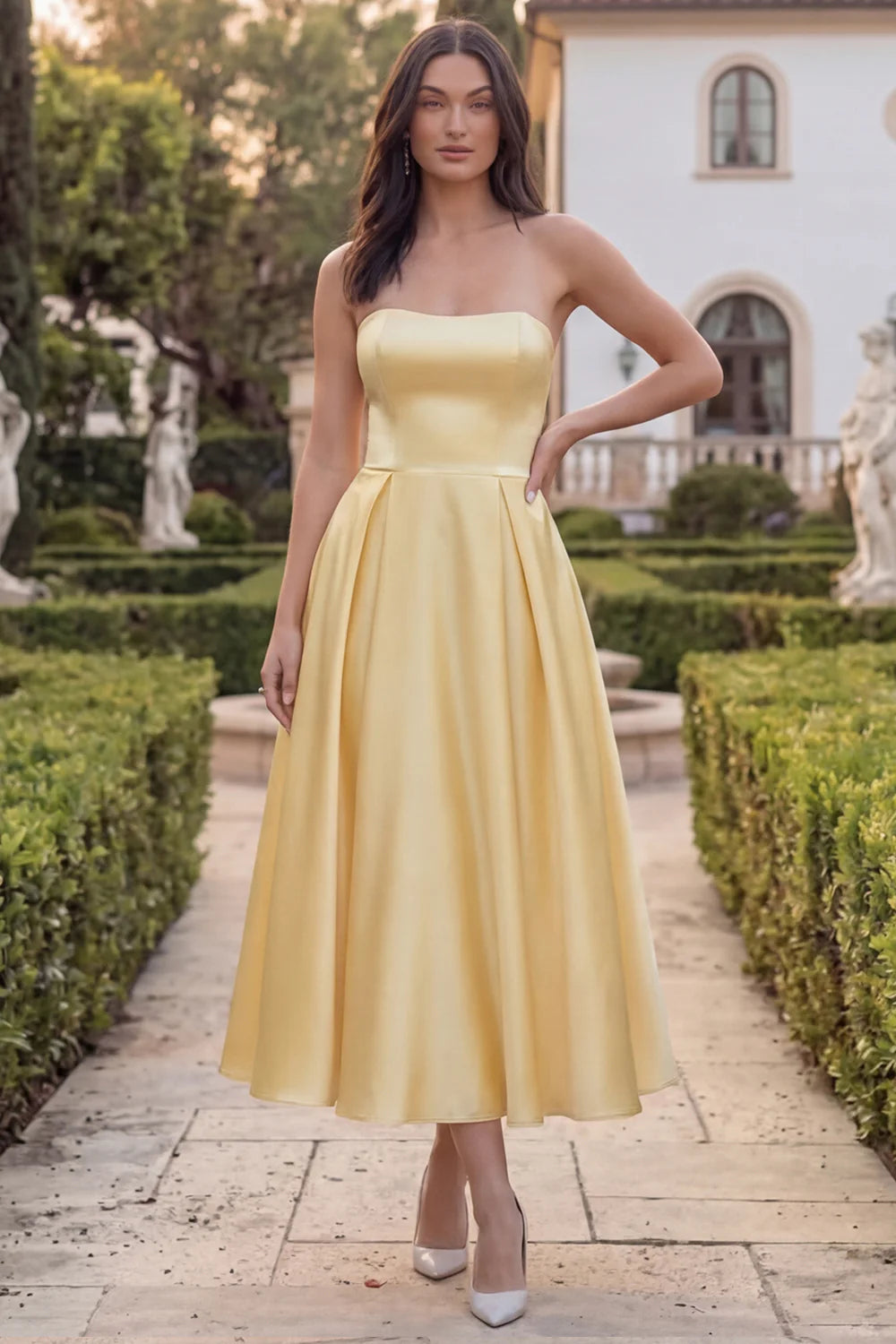 Strapless Yellow A Line Satin Midi Wedding Guest Dress