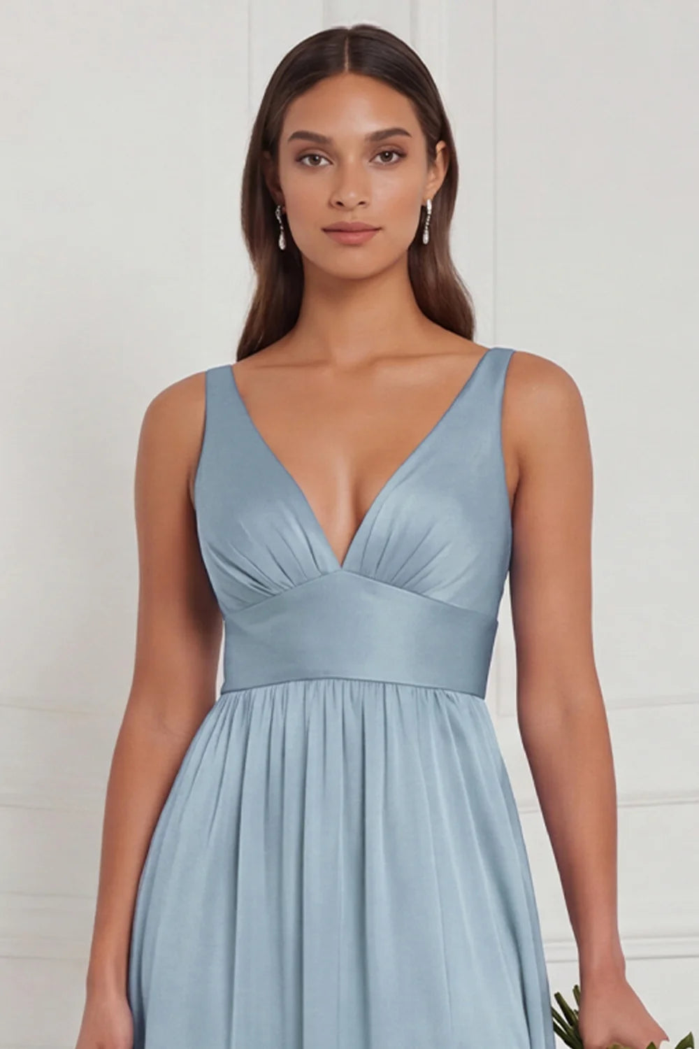 Dusty Blue A Line V Neck Bridesmaid Dress with Slit