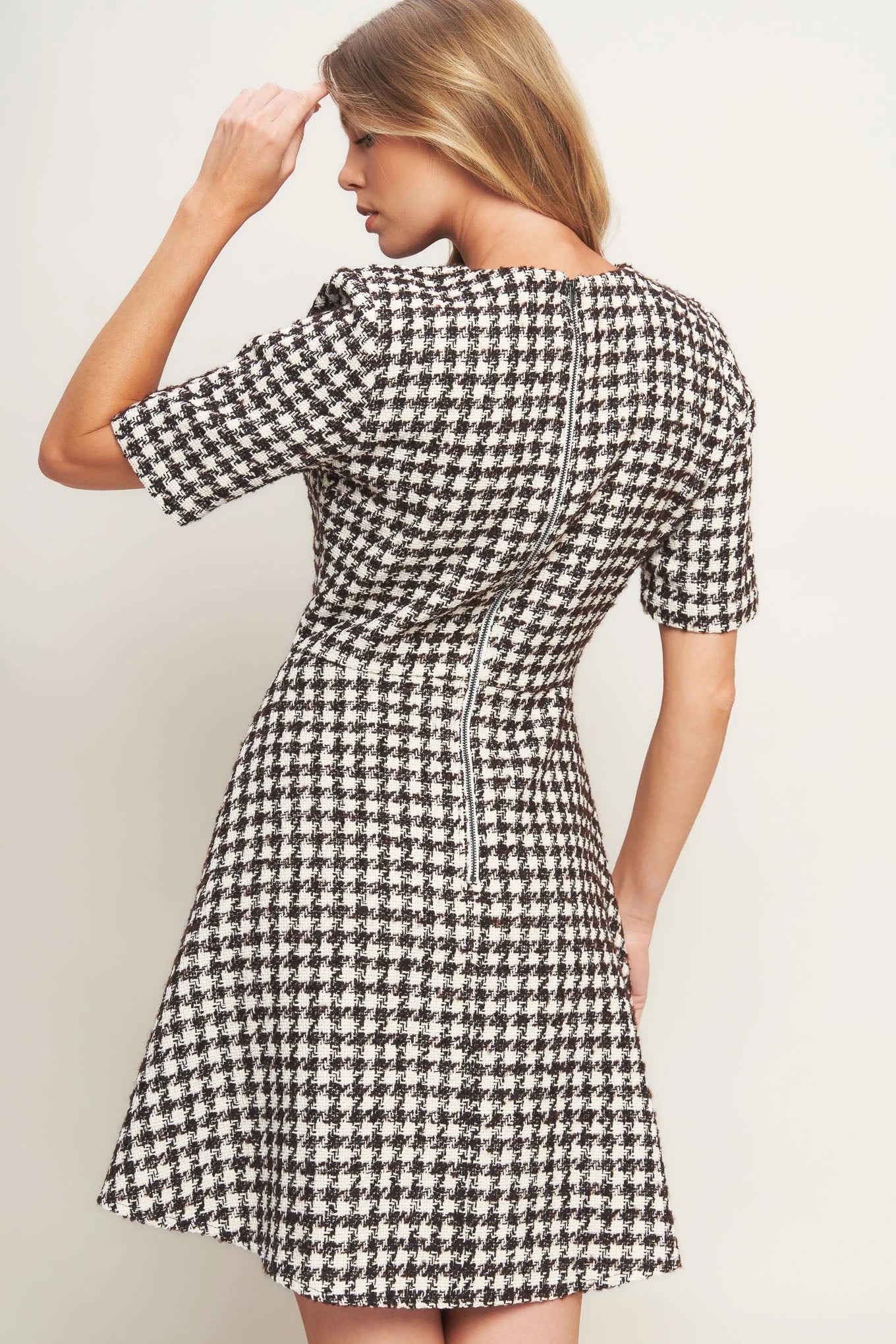 ELEGANT CHECK BROWN TWEED MINI DRESS