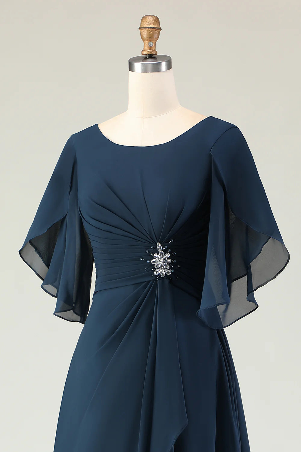 Navy A Line Ruched Chiffon Short Sleeves Chiffon Midi Dress with Rhinestones