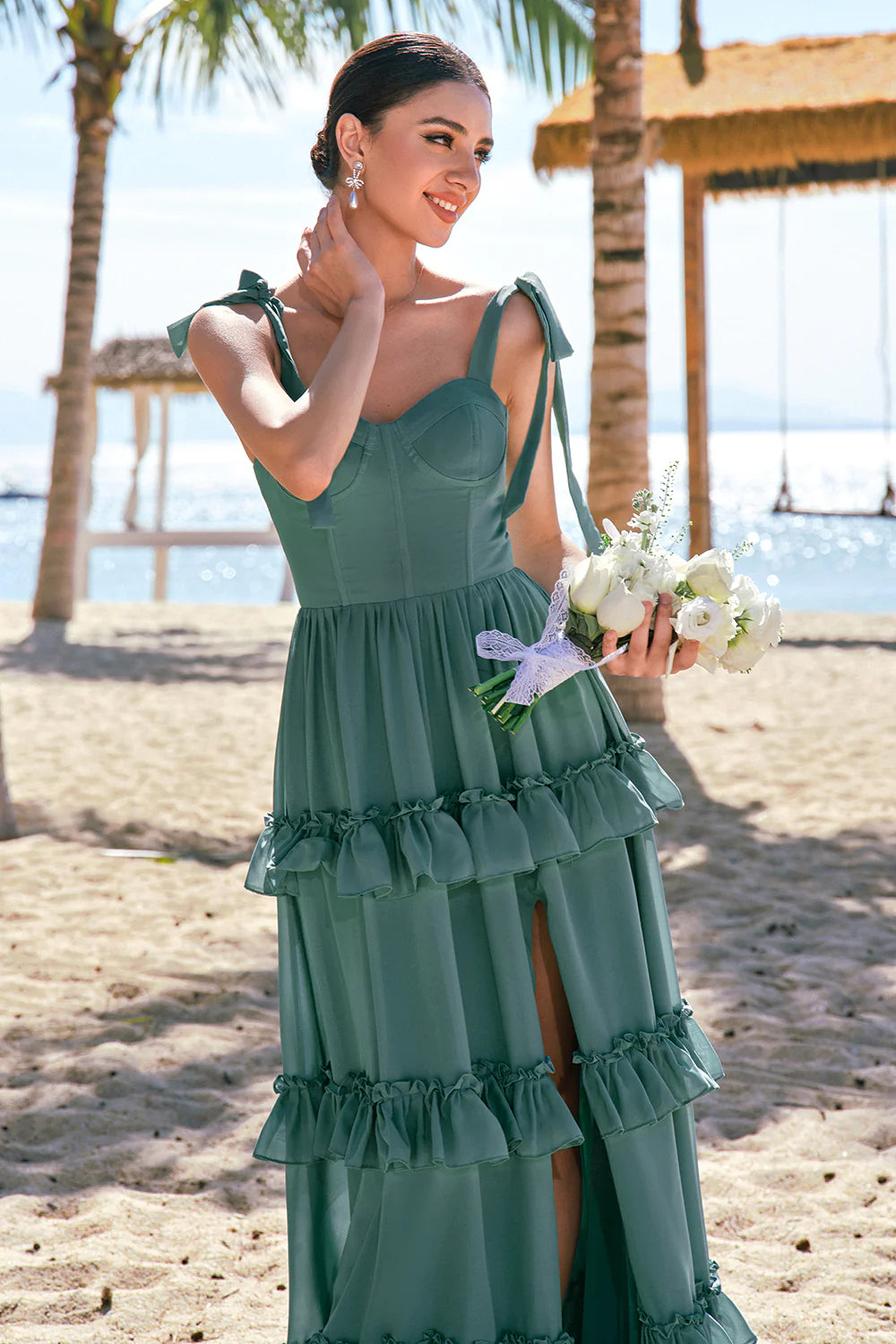 Eucalyptus A Line Bow Tie Straps Corset Tiered Long Bridesmaid Dress with Slit