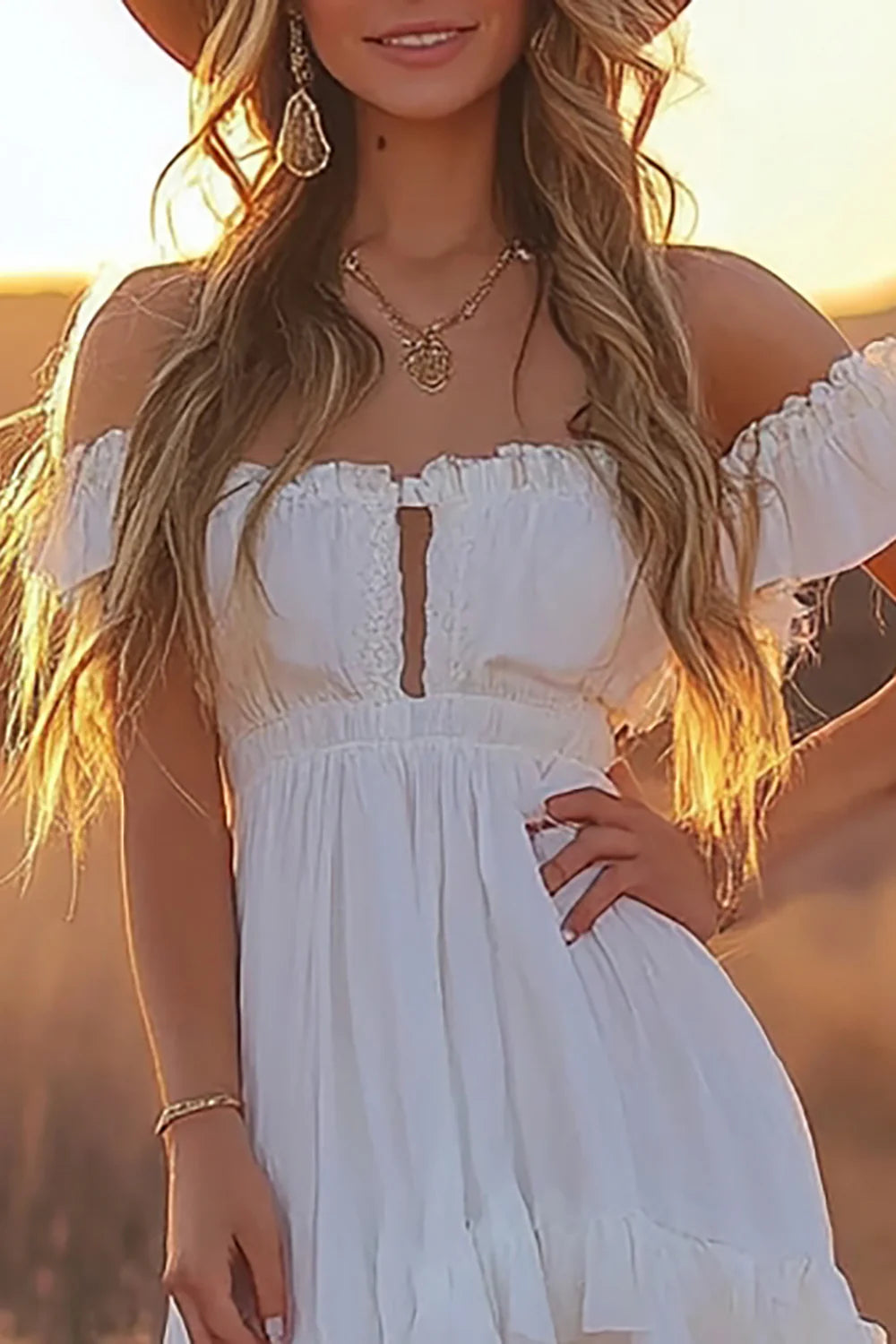 White A Line Off The Shoulder High Low Cut Out Wedding Dress with Ruffles