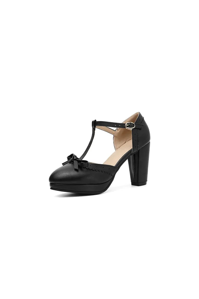 Retro Bow T Strap High Heels Shoes