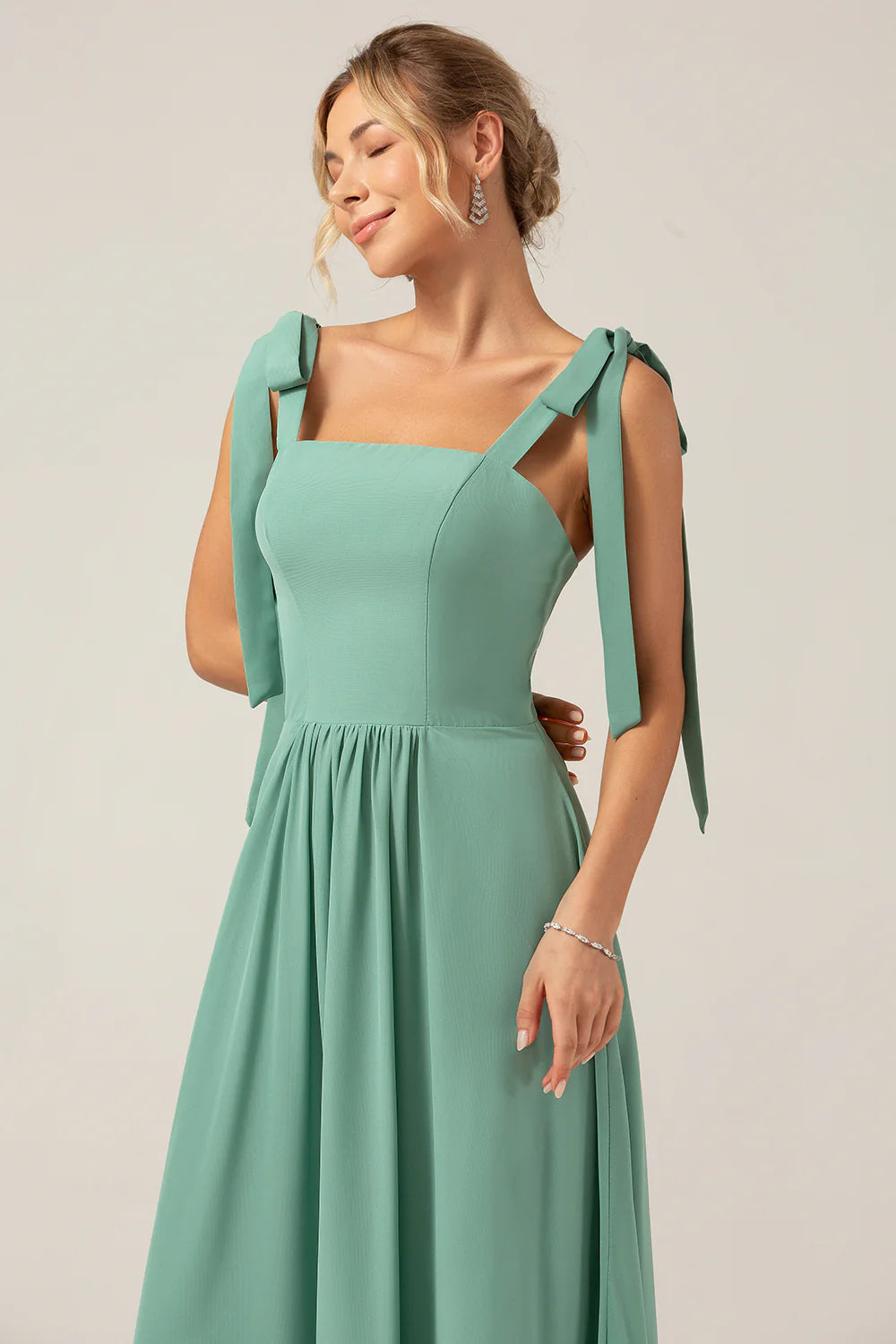 A Line Spaghetti Straps Pleated Floor Length Eucalyptus Bridesmaid Dress