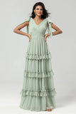 Dusty Sage A Line V Neck Long Knitted Chiffon Bridesmaid Dress With Ruffles
