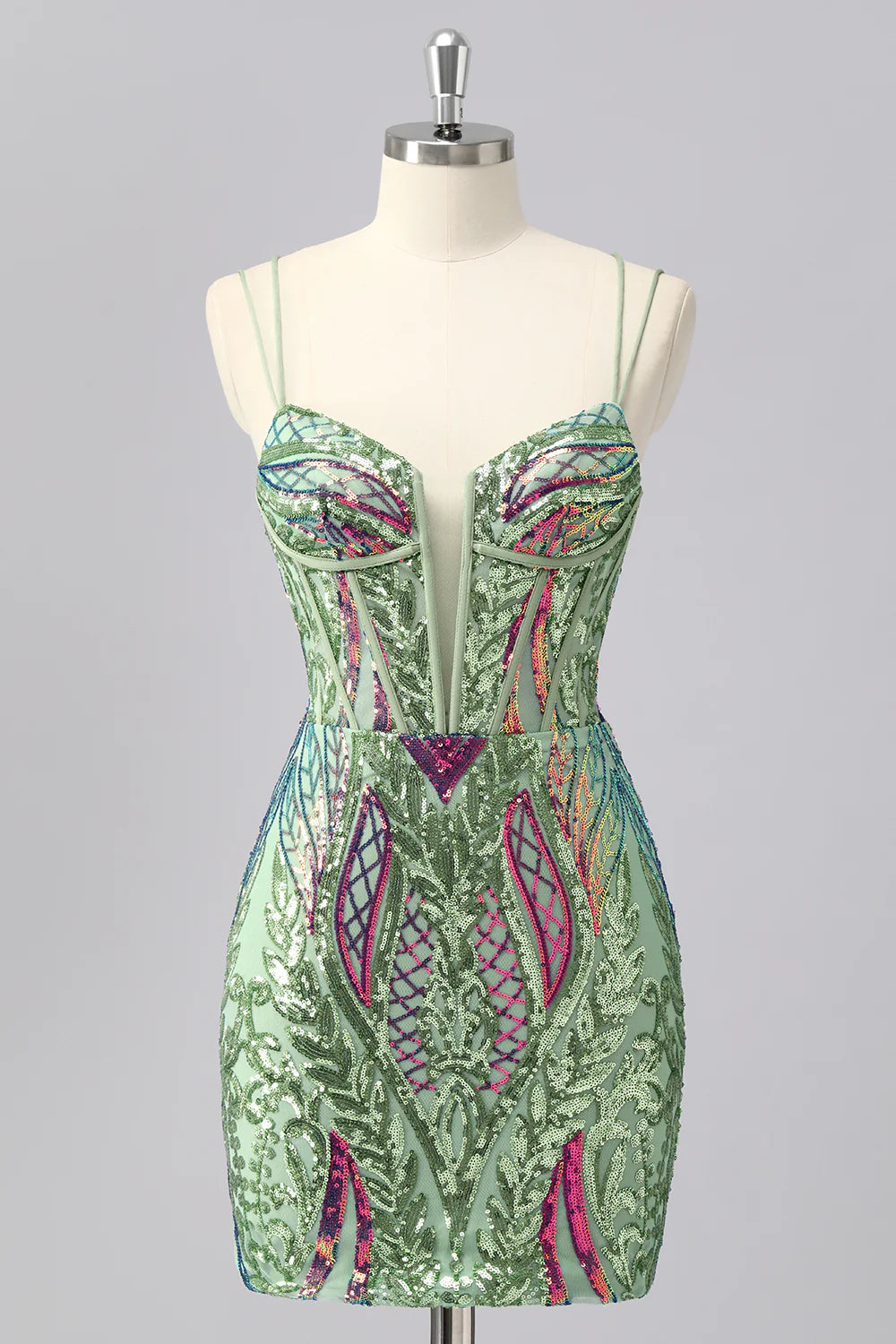 Gorgeous Blue Bodycon Spaghetti Straps Corset Homecoming Dress with Sequins