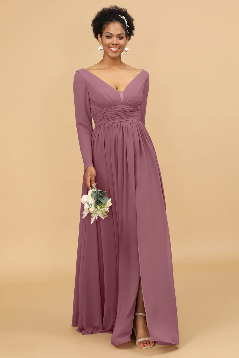 A Line V Neck Long Sleeves Chiffon Bridesmaid Dress with Slit