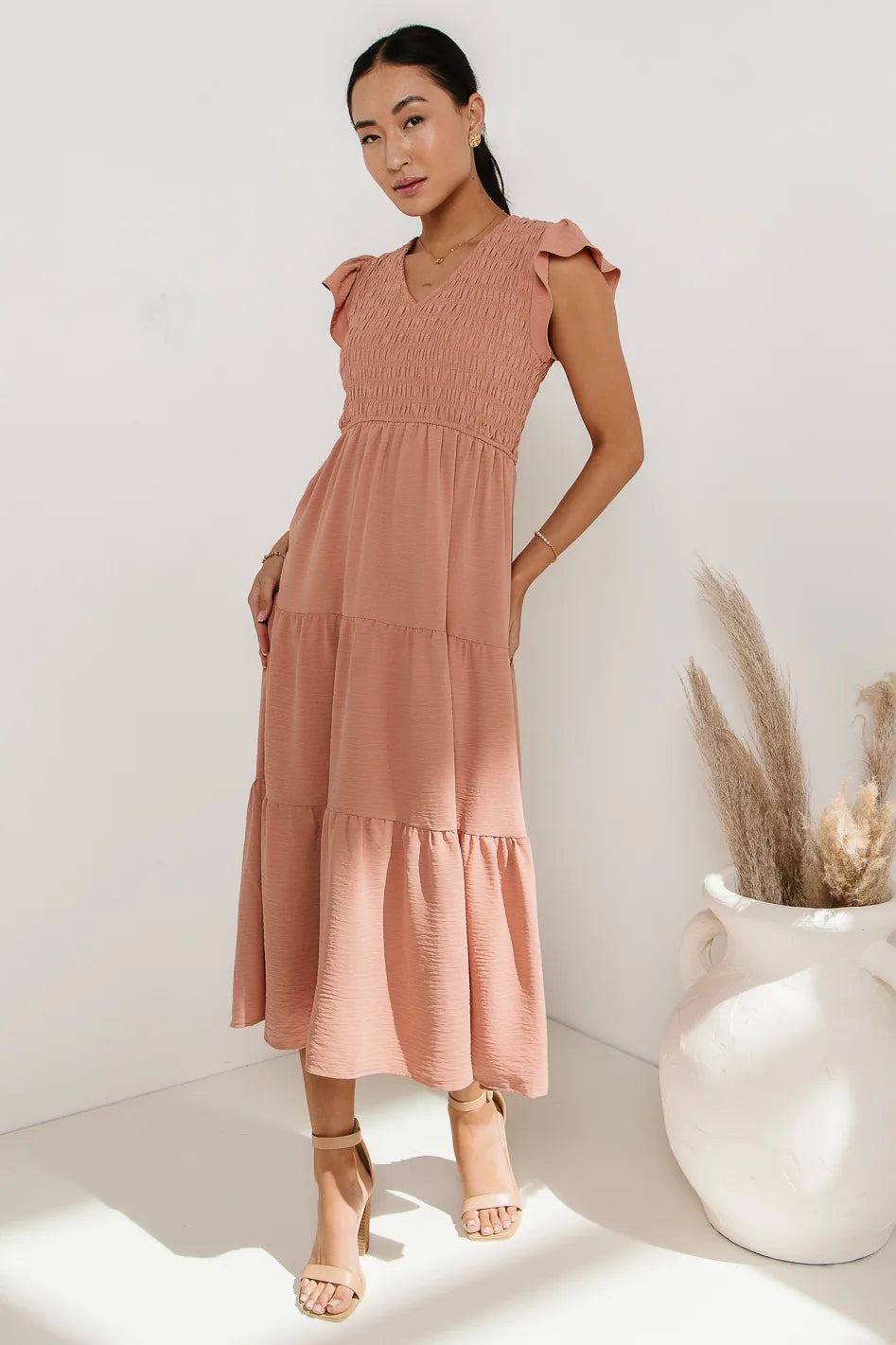 Rain Smocked Midi Dress in Peach FINAL SALE