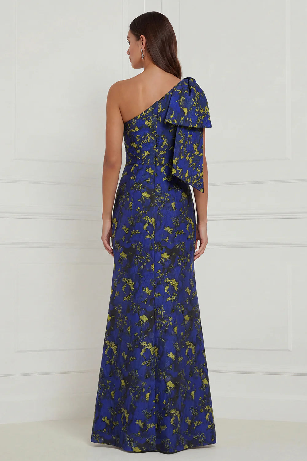 Blue White Flower Mermaid One Shoulder Print Long Bridesmaid Dress with Bow
