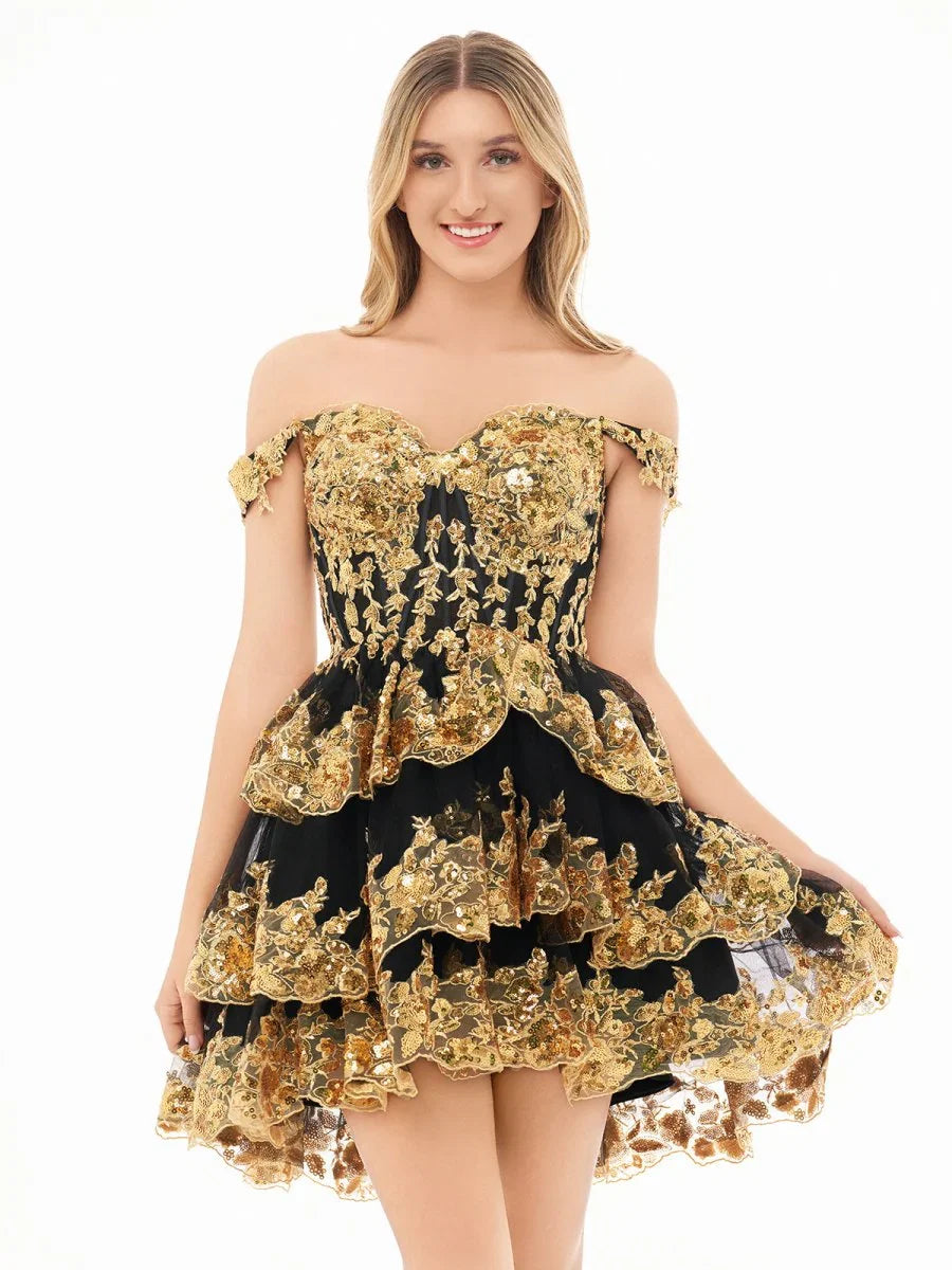 Ronda Gold Off the Shoulder Applique Ruffle Homecoming Dress