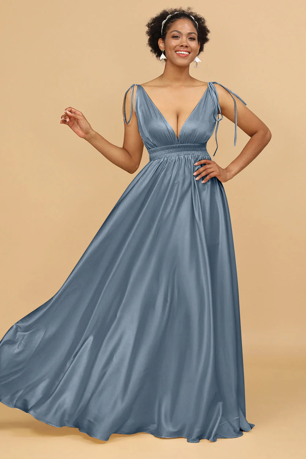 A Line Deep V Neck Backless Floor Length Bridesmaid Dress