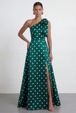 Green White Polka Dot One Shoulder A Line Formal Dress with Slit