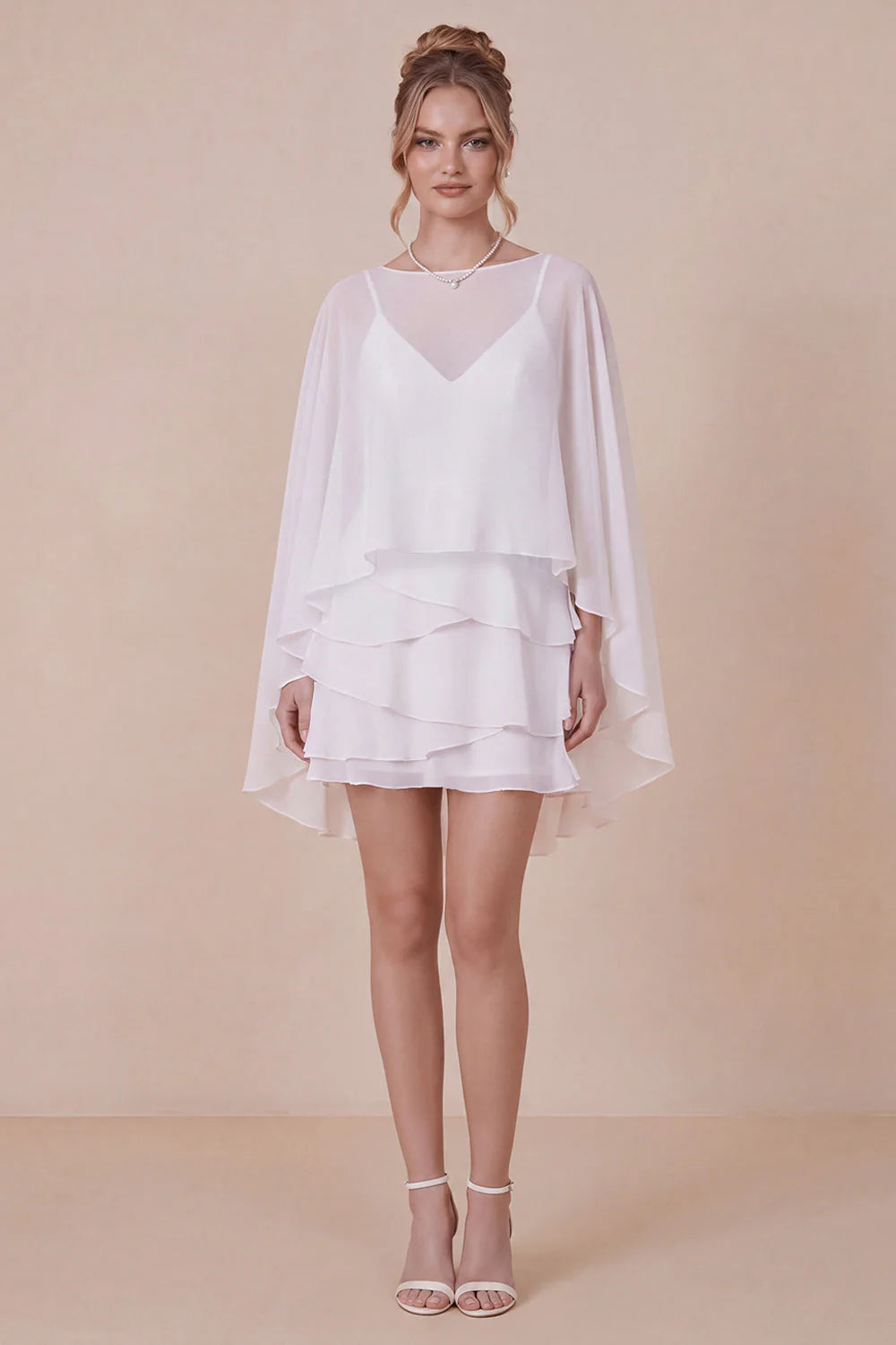 2 Piece White Spaghetti Straps Ruffled Graduation Dress with Cape