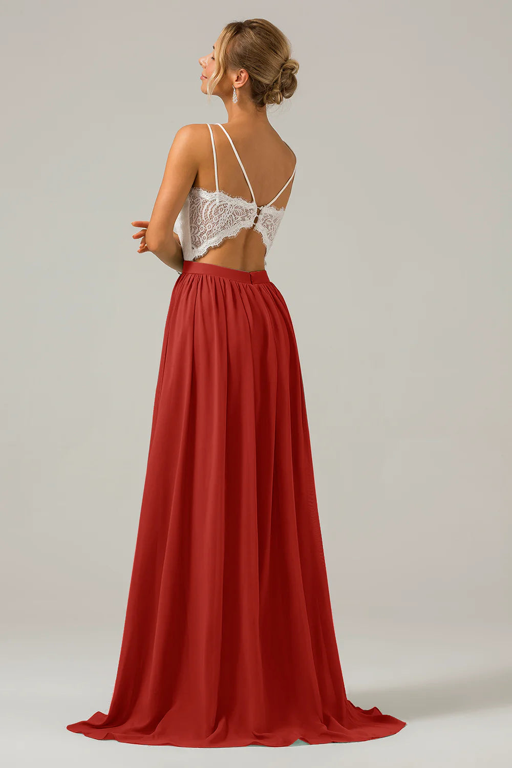 A Line Spaghetti Straps Pleated Long Bridesmaid Dress With Lace