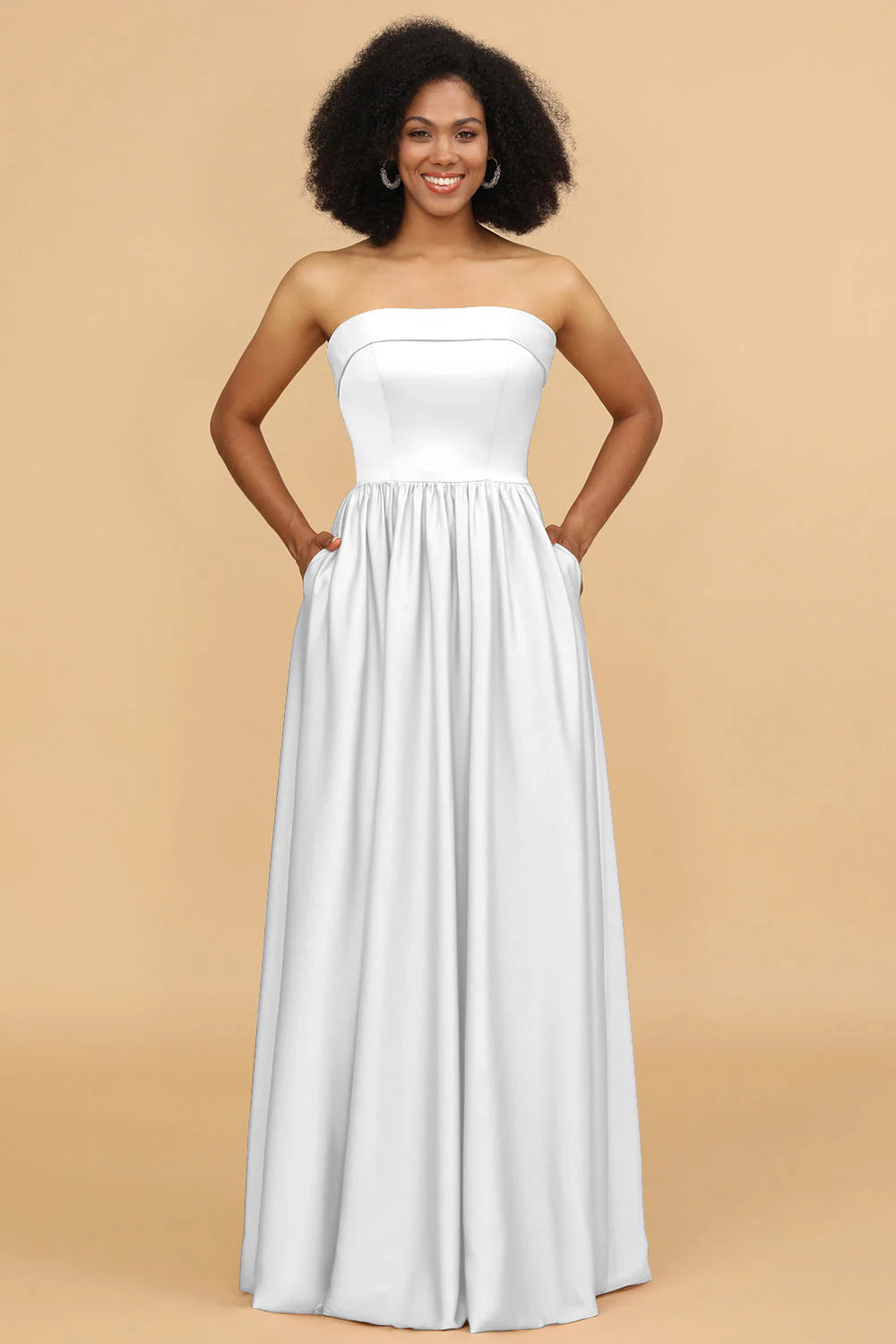 A Line Strapless Satin Floor Length Bridesmaid Dress with Pockets