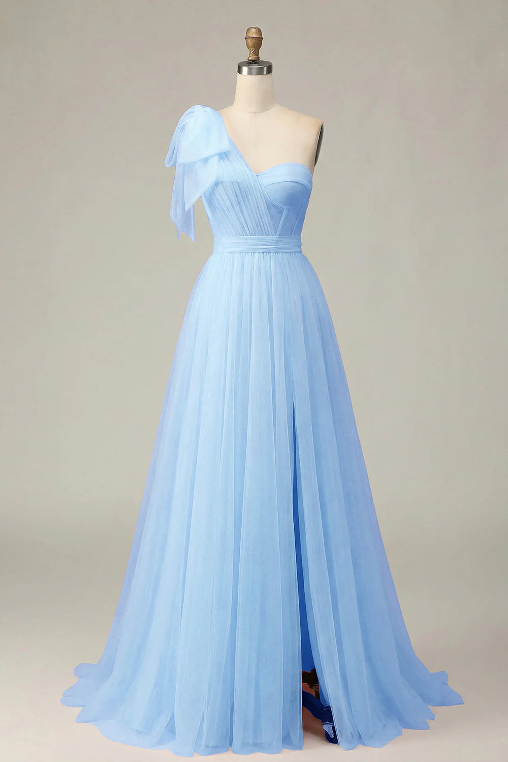Fuchsia A Line One Shoulder Sheer Corset Tulle Long Prom Dress with Slit