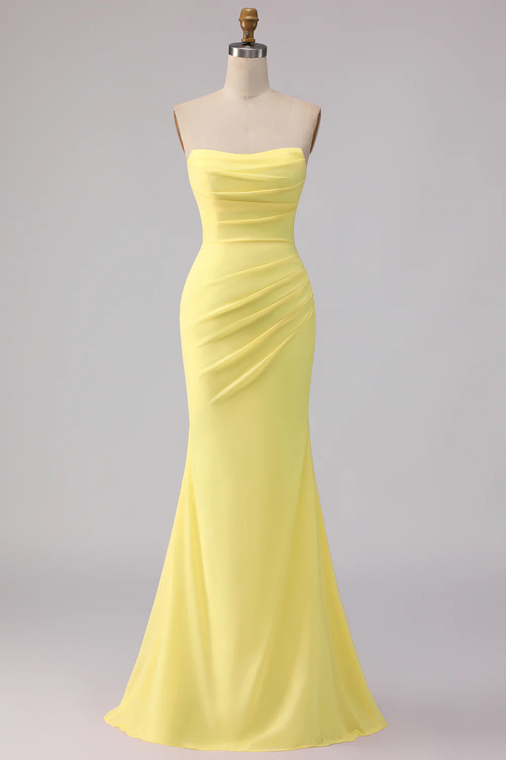 Yellow Strapless Mermaid Ruched Long Bridesmaid Dress