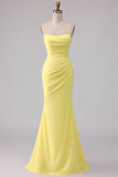 Yellow Strapless Mermaid Ruched Long Bridesmaid Dress