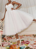 A Line Sweetheart Sleeveless Tulle Tea Length Wedding Dresses With Pleated