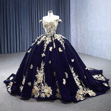 Navy Blue Velvet Quinceañera Dress With Train 3D Flower Appliques Ball Gown