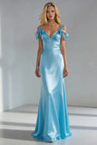 Sky Blue Mermaid Satin Backless Long Formal Dress with Bows