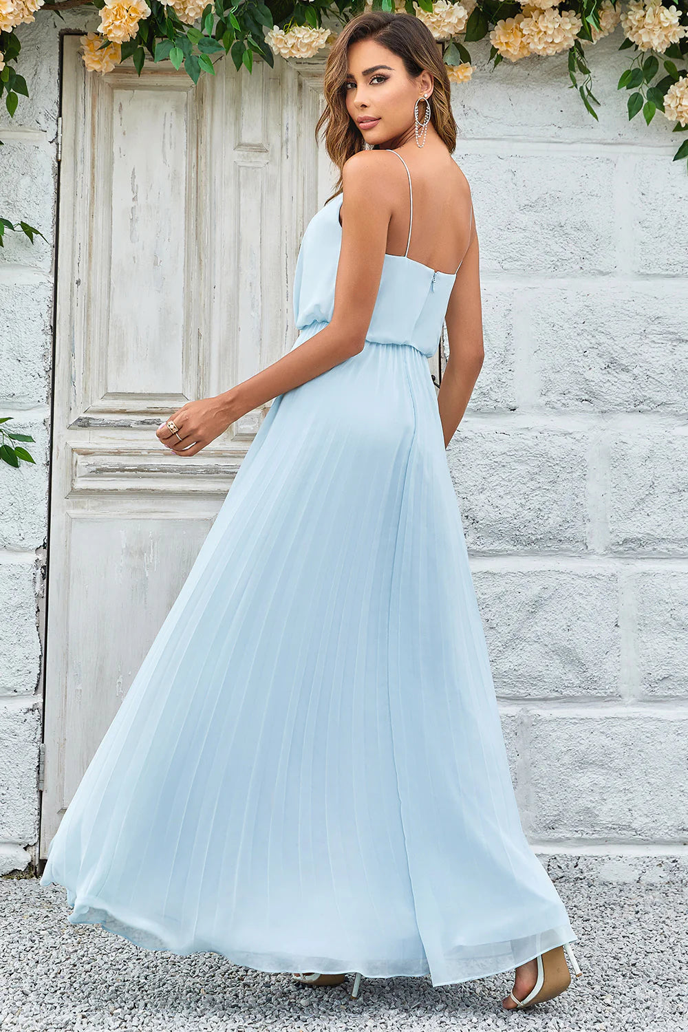 Sky Blue A Line Spaghetti Straps Floor Length Chiffon Bridesmaid Dress