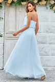 Sky Blue A Line Spaghetti Straps Floor Length Chiffon Bridesmaid Dress