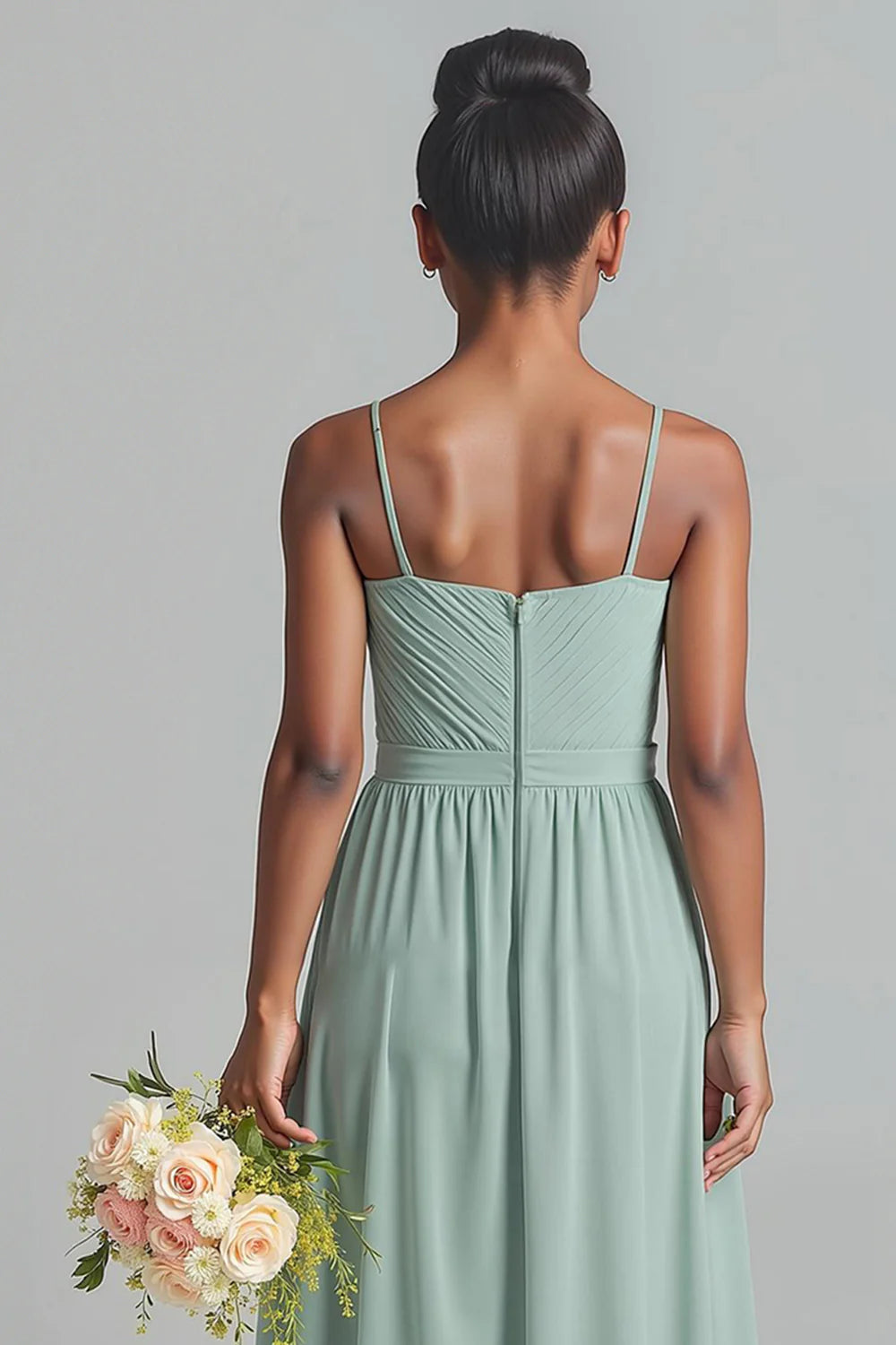 Matcha A Line Spaghetti Straps Pleated Junior Bridesmaid Dress