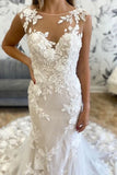 White Illusion Neck Appliques Mermaid Long Wedding Dress
