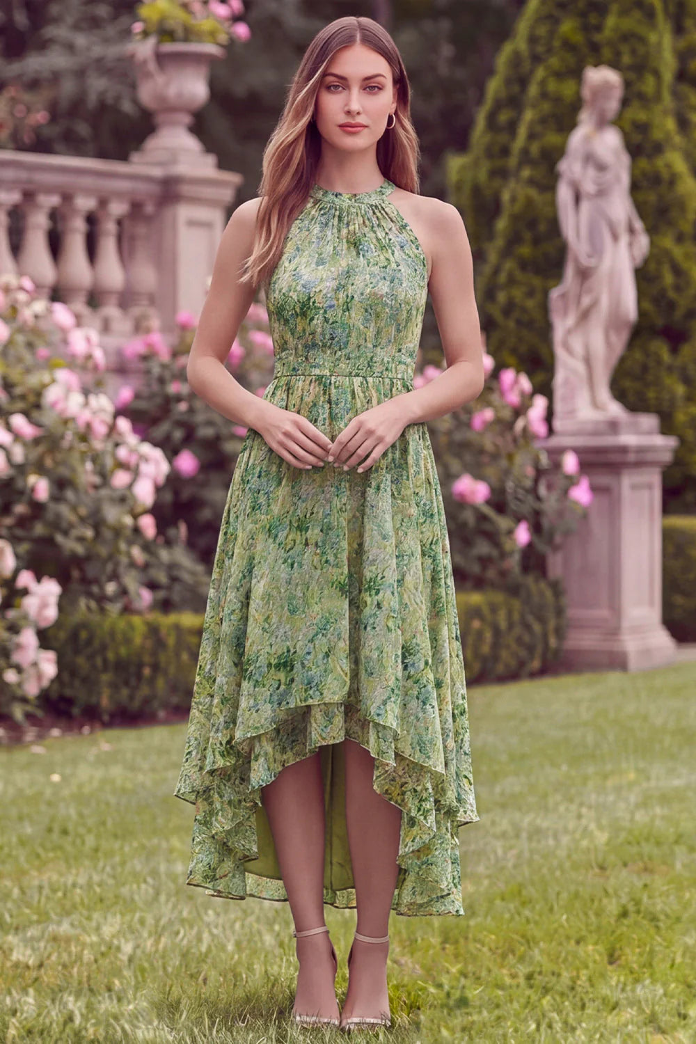 Halter A Line High Low Sage Flower Wedding Guest Dress
